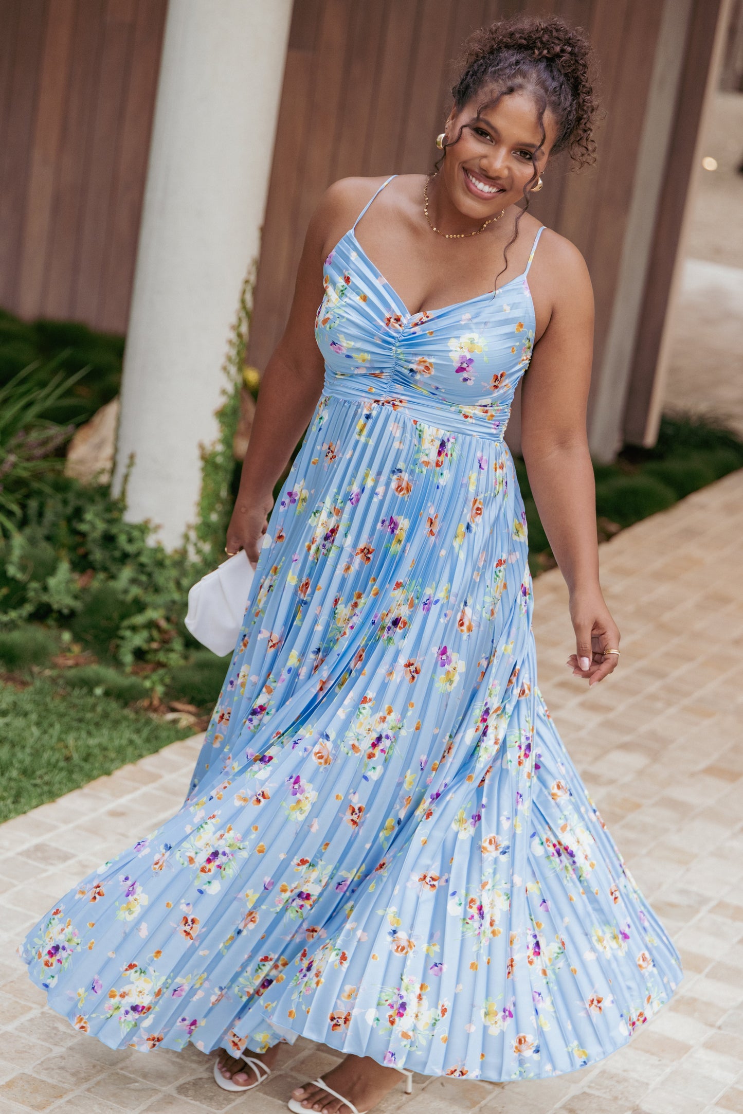 Naira Pleated Maxi Dress - Cornflower Blue Floral
