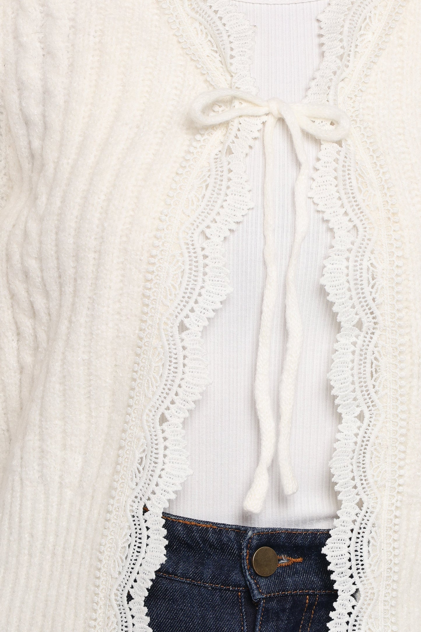 Silvie Lace Front Tie Cardigan - Cream