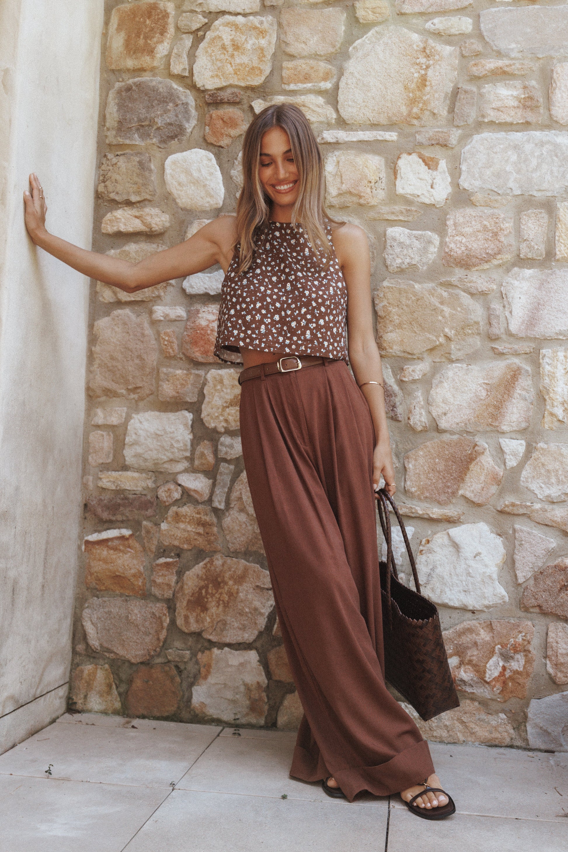 Elinor Cuffed Linen Pant - Brown