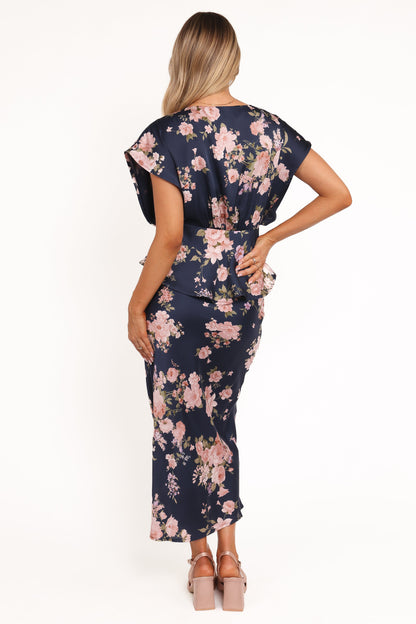 Kenna Satin Midi Skirt - Navy Floral