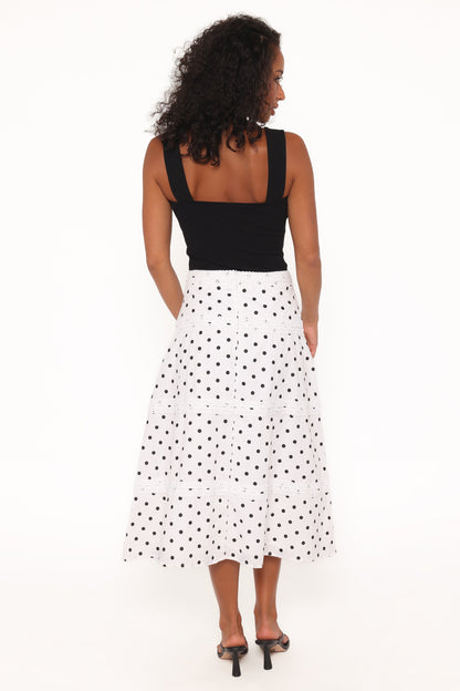 Lucia Tiered Midi Skirt - White Polka Dot