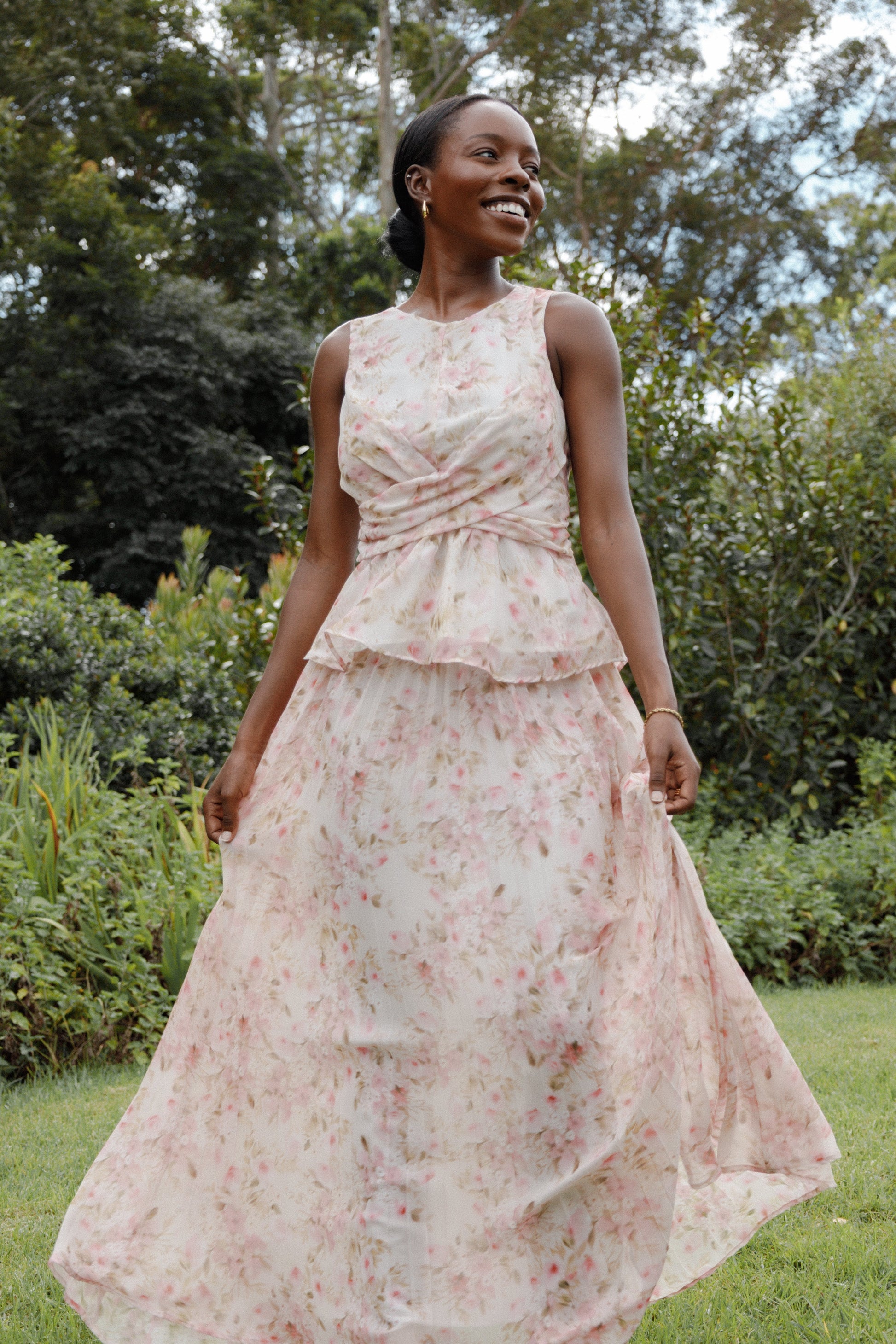 Mena Pleated Maxi Skirt - Blurred Pink Floral