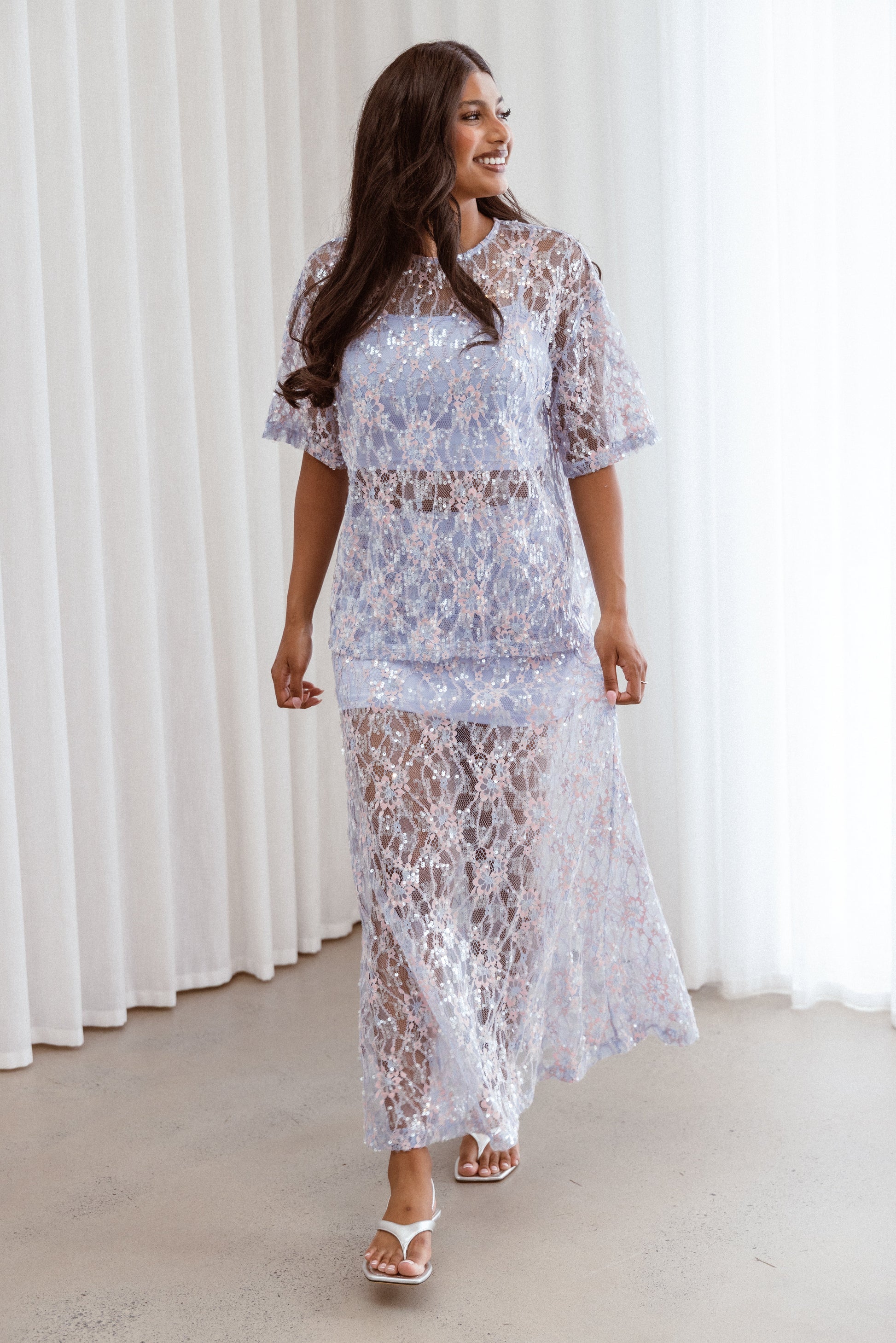 Yonder Sheer Panel Lace Maxi Skirt - Purple