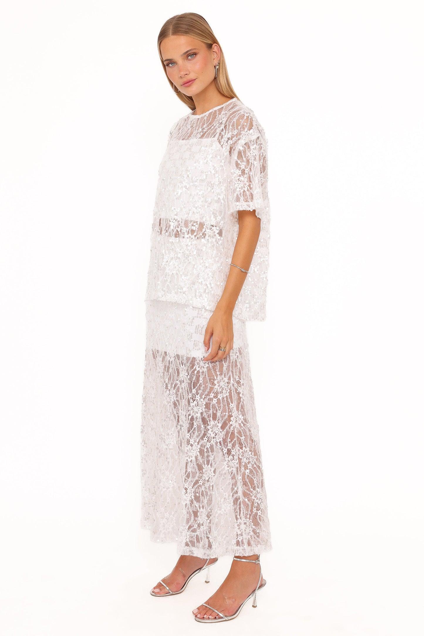Yonder Sheer Panel Lace Maxi Skirt - White