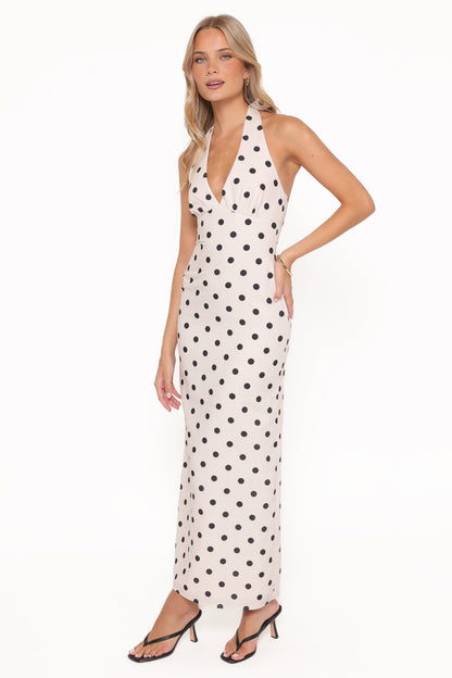 Adora Halterneck Maxi Dress - White Polka Dot
