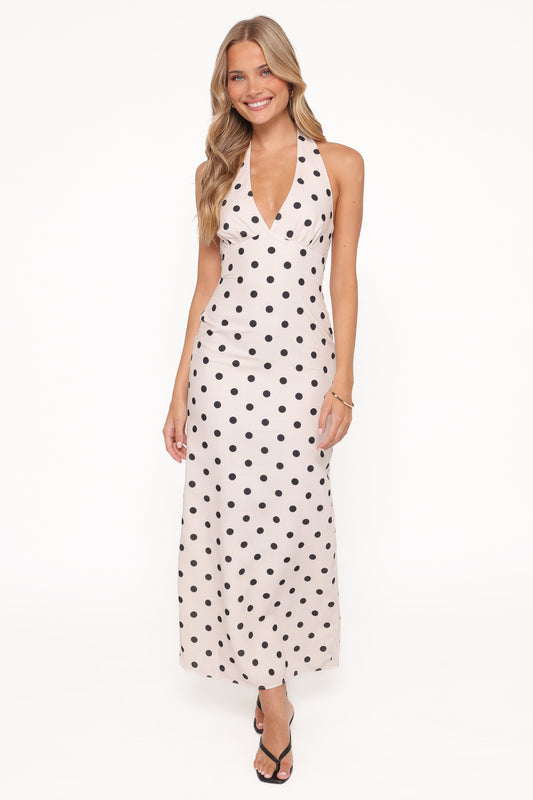 Adora Halterneck Maxi Dress - White Polka Dot