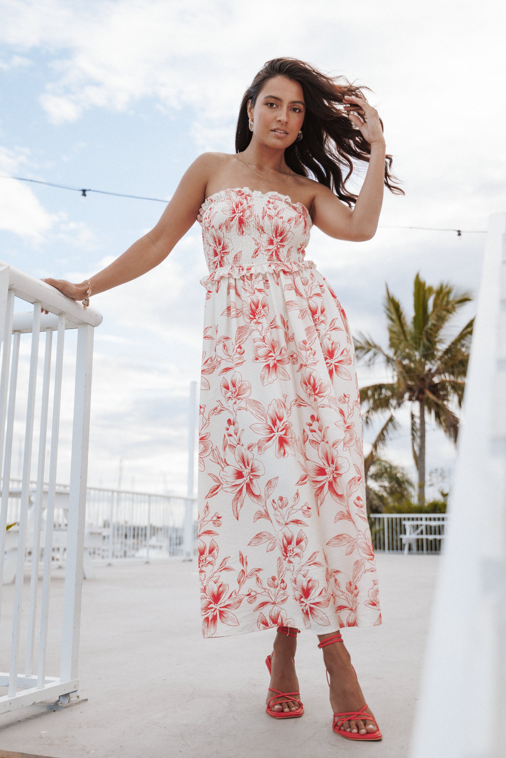 Avania Strapless Midi Dress - Red Floral