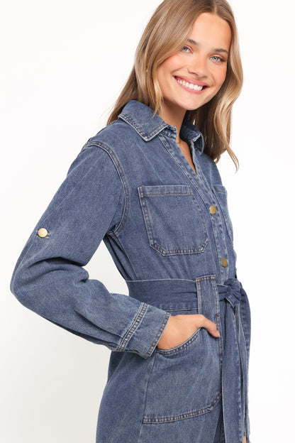 Ballina Long Sleeve Midi Dress - Blue Denim