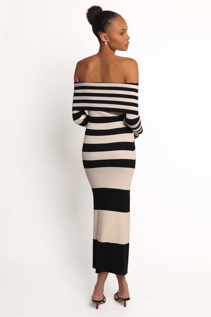 Banks Off Shoulder Knit Dress - Black Cream Stripe
