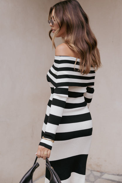 Banks Off Shoulder Knit Dress - Black Cream Stripe