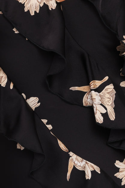 Ciao Ruffles Maxi Satin Dress - Black Floral