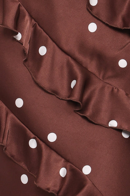 Ciao Ruffles Maxi Satin Dress - Brown Polka Dot