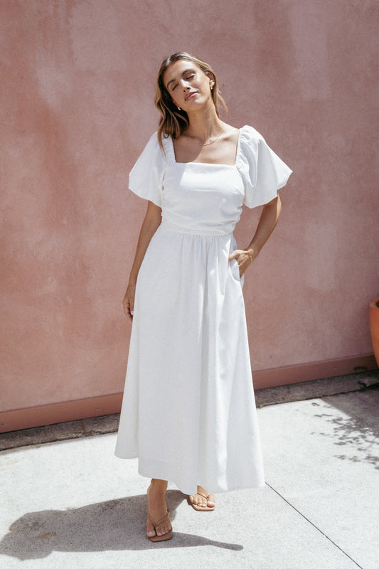 Clo Puff Sleeve Midi Dress - White