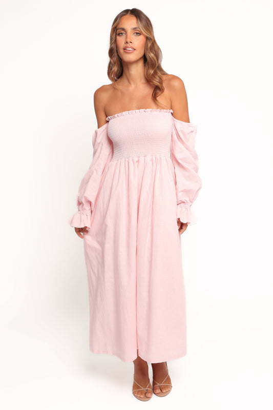 Domenica Shirred Long Sleeve Midi Dress - Pink