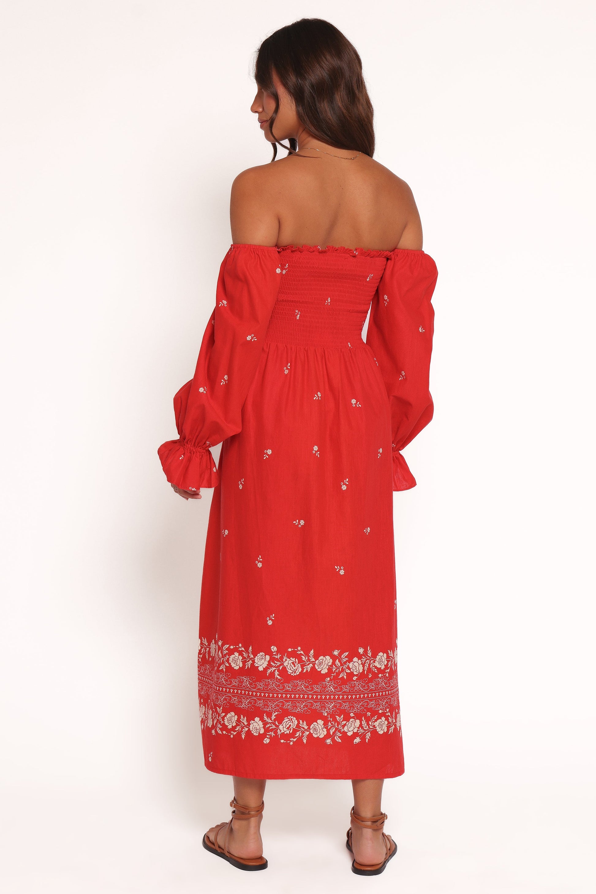 Domenica Shirred Long Sleeve Midi Dress - Red Floral Bandana
