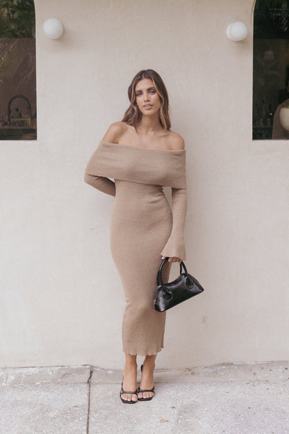 Domitia Off Shoulder Knit Dress - Brown