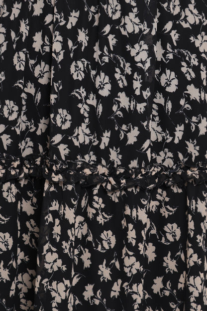 Edwina Shirred Frill Long Sleeve Midi Dress - Black Ditsy Floral