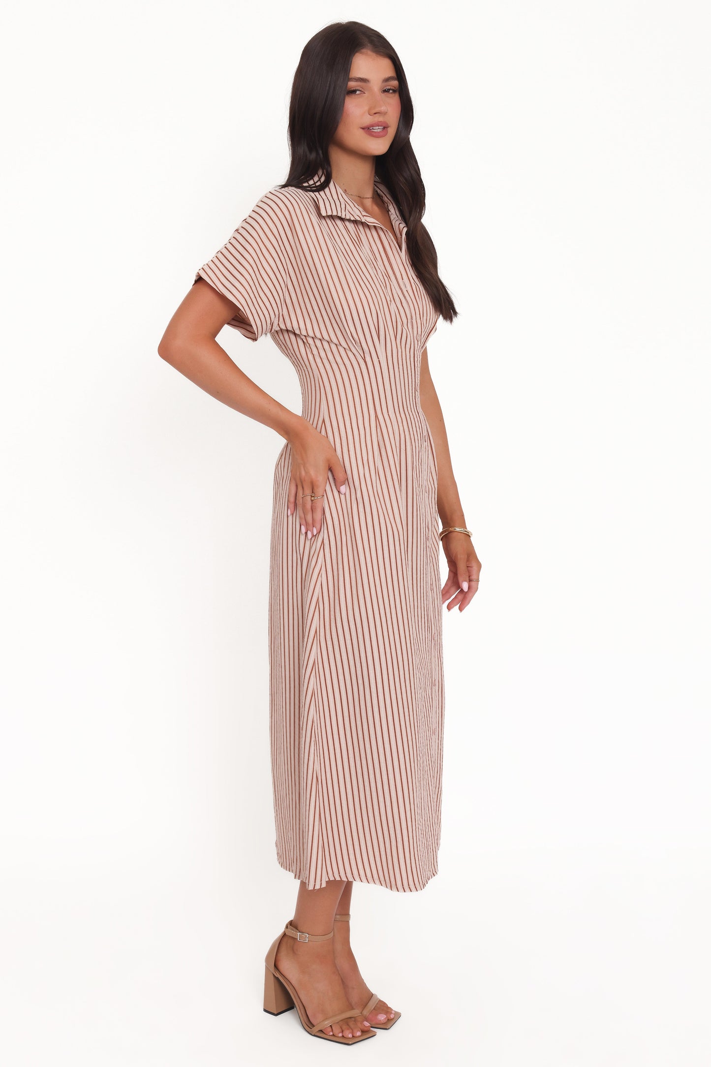Eilis Short Sleeve Button Down Maxi Dress - Brown Stripe