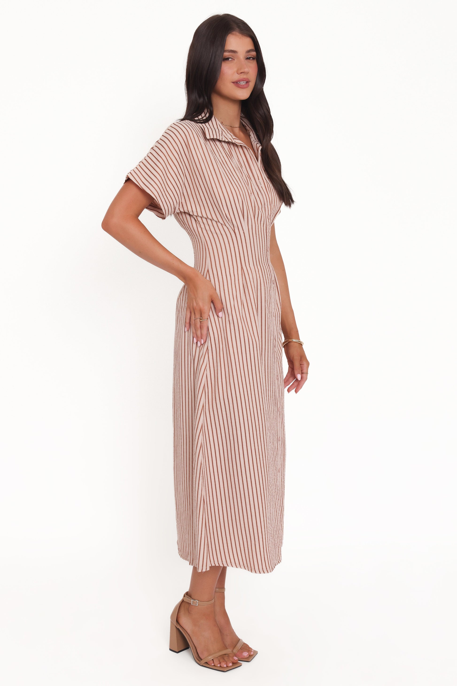Eilis Short Sleeve Button Down Maxi Dress - Brown Stripe