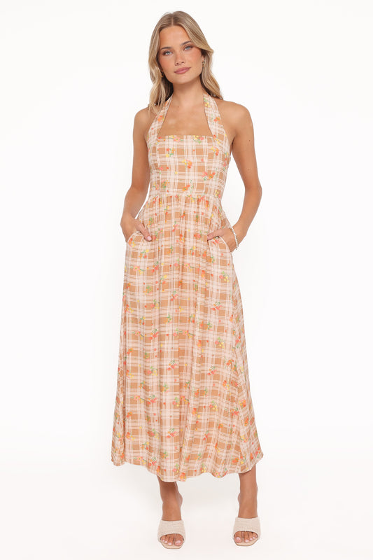 Gemini Halterneck Maxi Dress - Yellow Floral Gingham