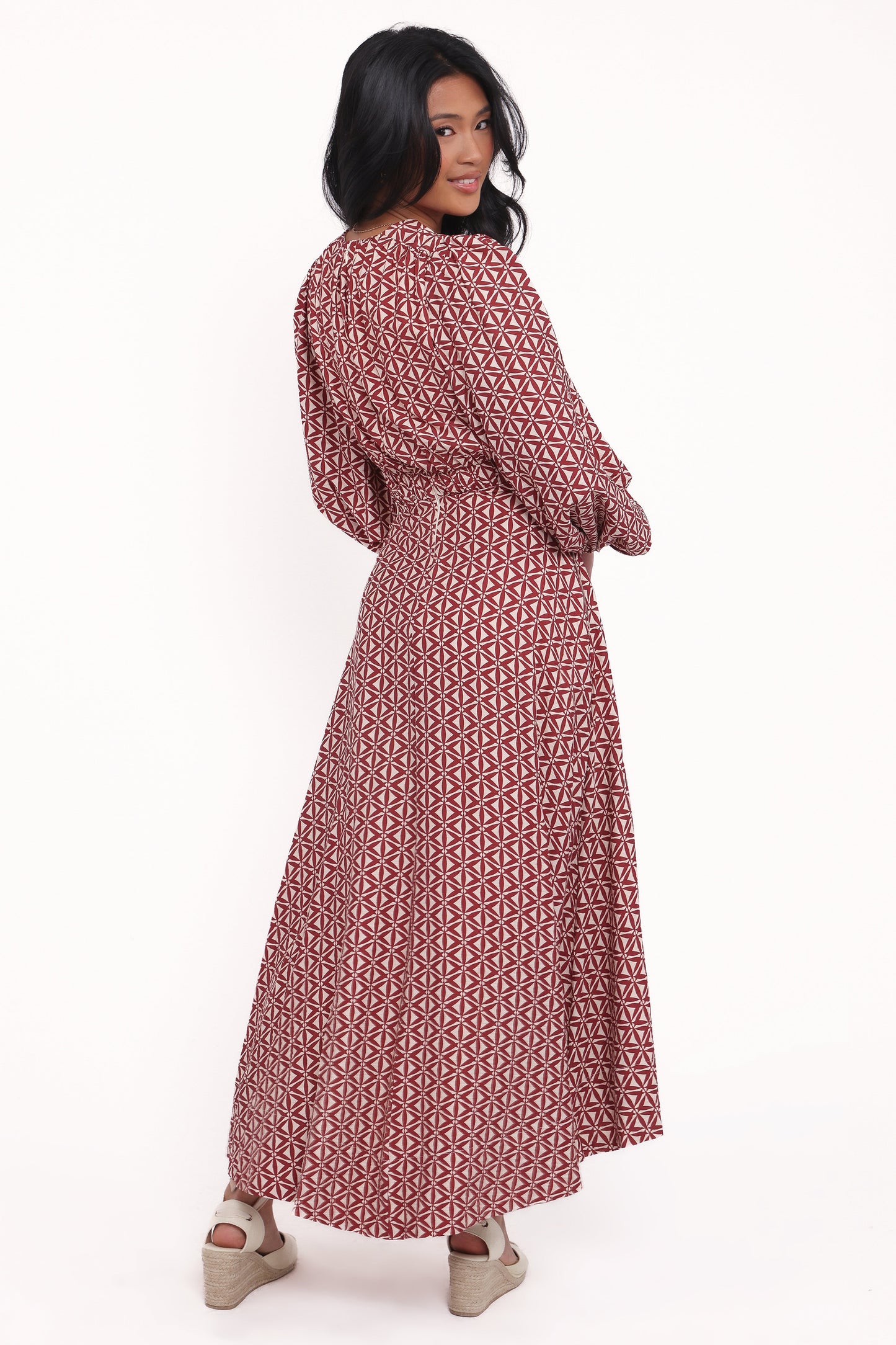 Ginnee Puff Sleeve Cutout Midi Dress - Brown Geo
