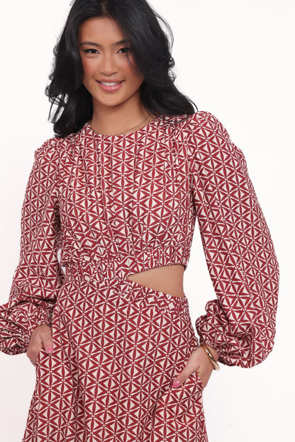 Ginnee Puff Sleeve Cutout Midi Dress - Brown Geo
