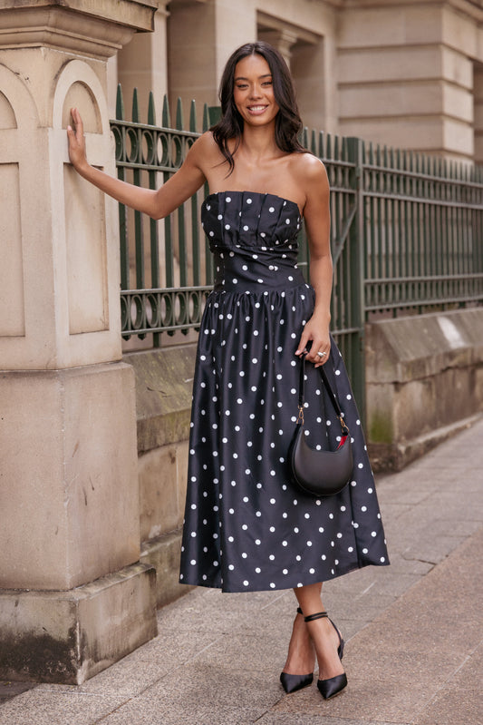 Kimbra Strapless Midi Dress - Black Polka Dot