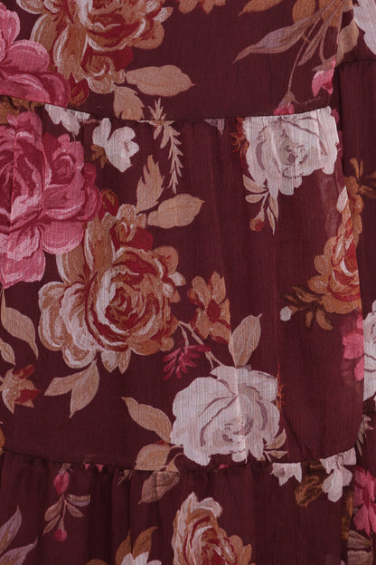 Korina Long Sleeve Maxi Dress - Burgundy Brandy Bloom