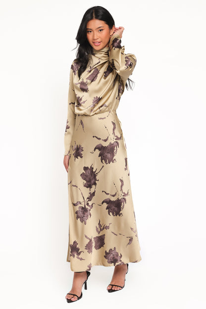 Kristyn Long Sleeve Midi Dress - Olive Floral