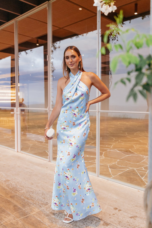 Mila Halterneck Maxi Dress - Cornflower Blue Floral