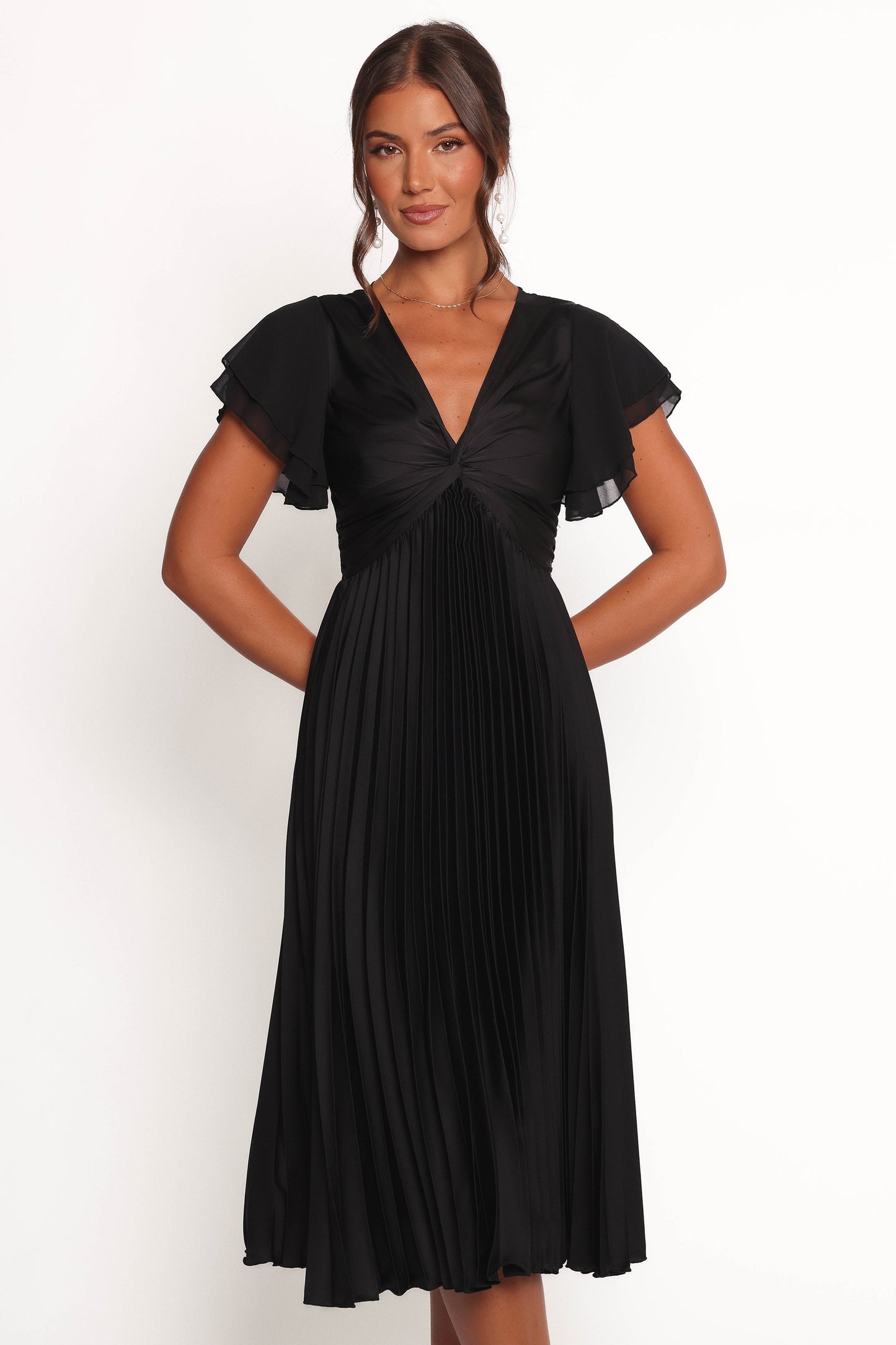 Nova Flutter Sleeve Midi Dress - Black