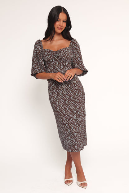 Oona Midi Dress - Brown Blue Floral