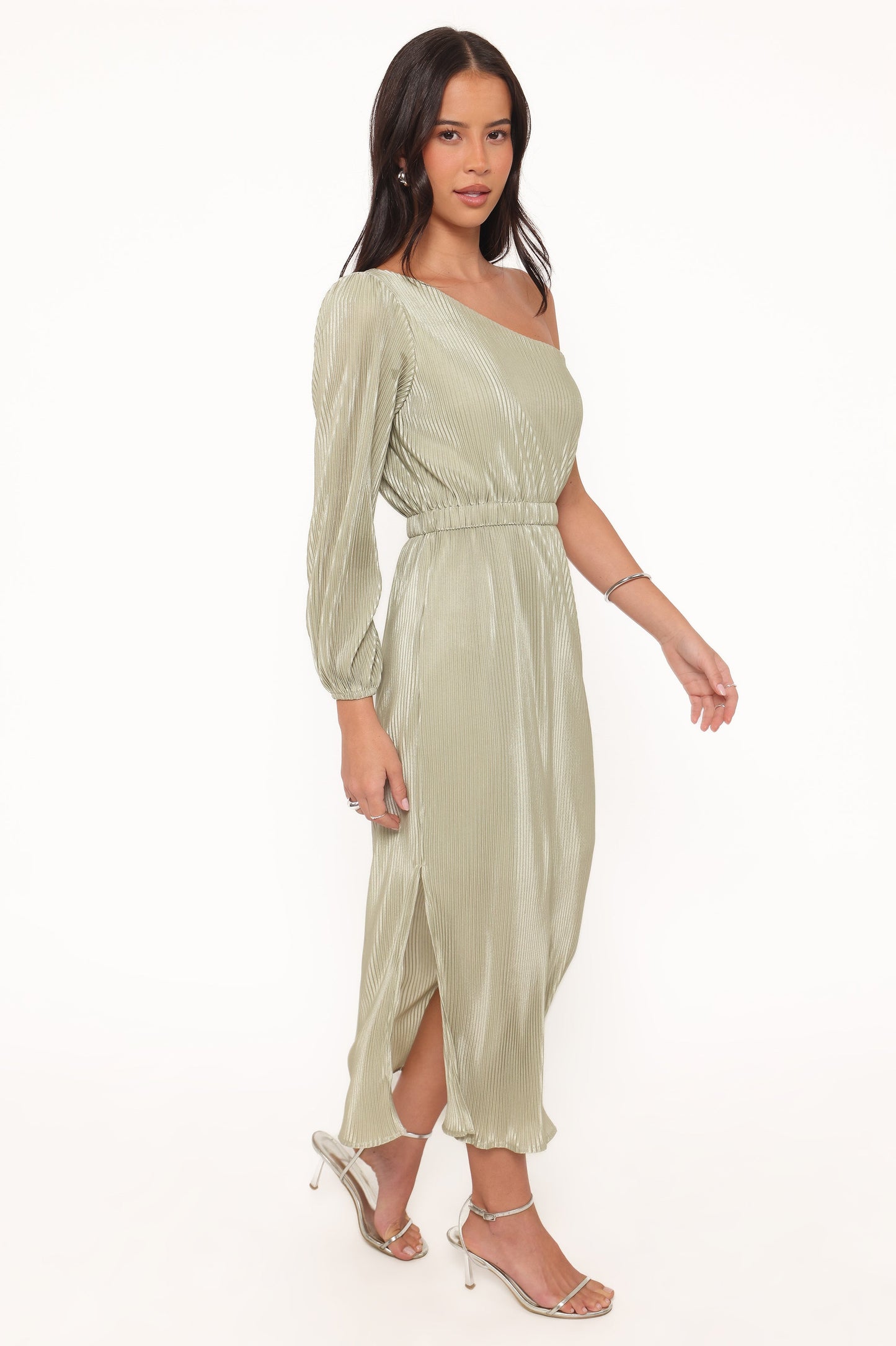 Pontee One Shoulder Pleated Midi Dress - Sage Green