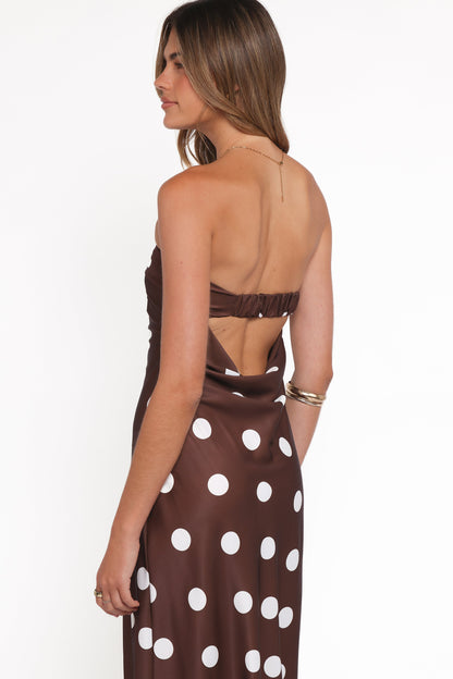 Remmie Strapless Maxi Dress - Brown Polka Dot
