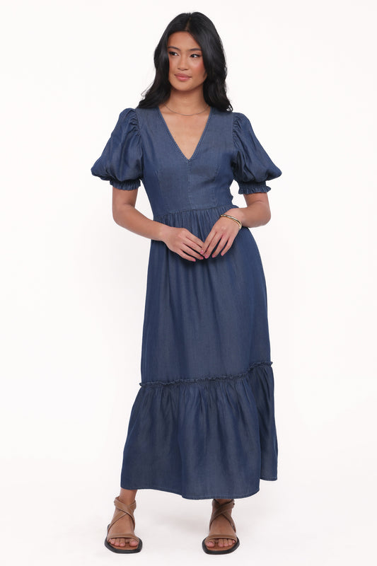 Steele Puff Sleeve Midi Dress - Dark Denim
