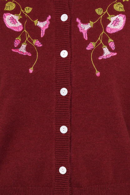 Brittany Placed Embroidery Flower Cardigan - Burgundy