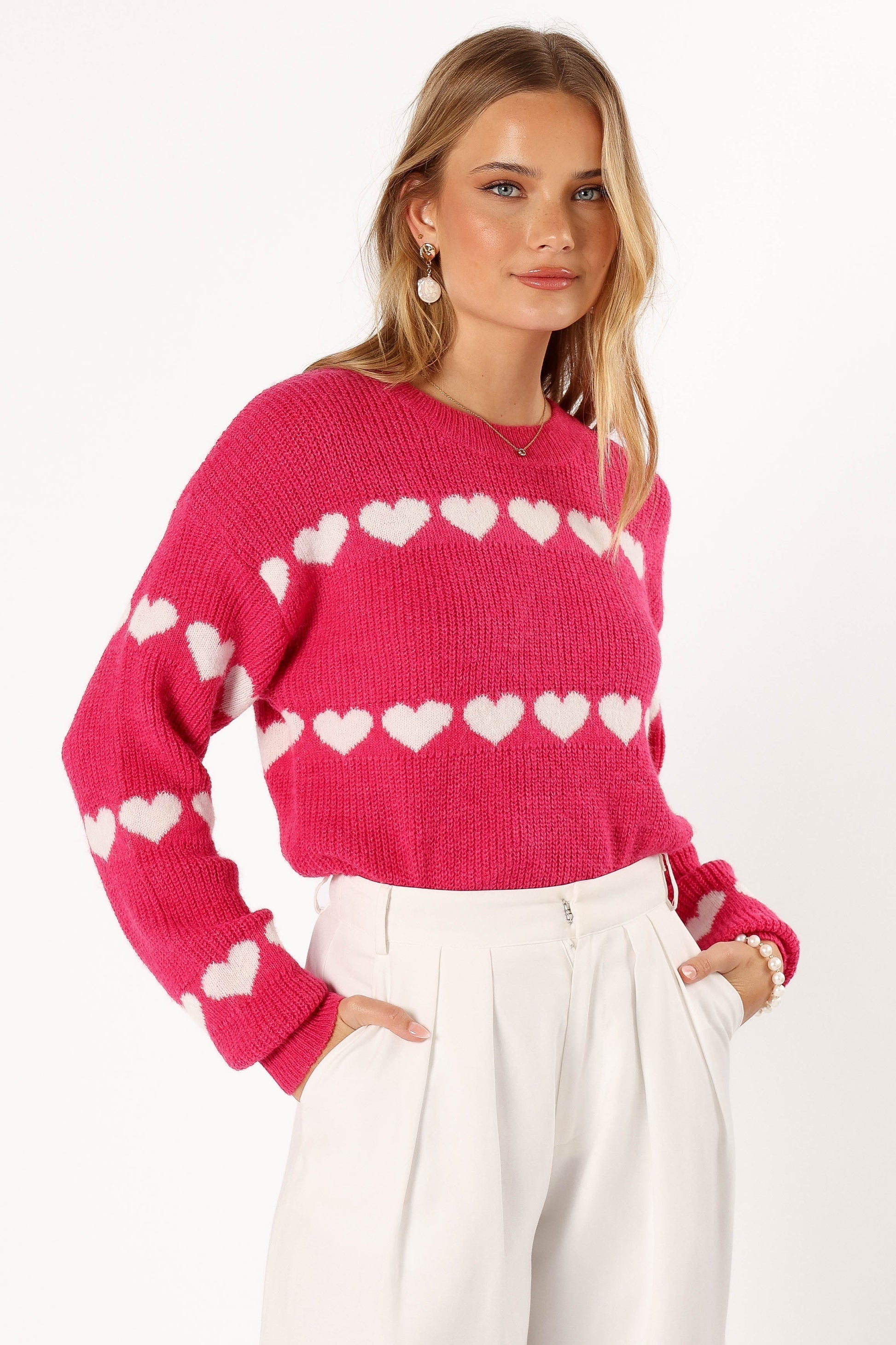 Dakotah Heart Stripe Knit Sweater - Fuchsia White
