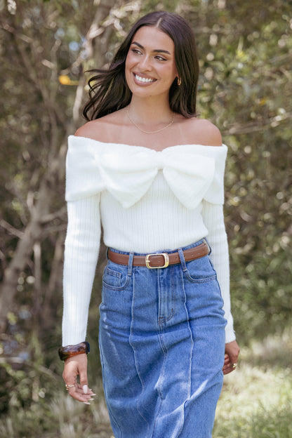 Helene Bow Off Shoulder Knit Sweater - Ivory