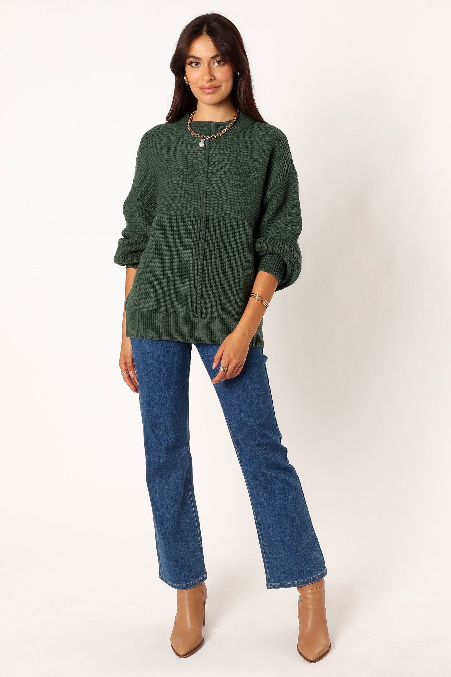 Meredith Ribbed Crewneck Knit Sweater - Green