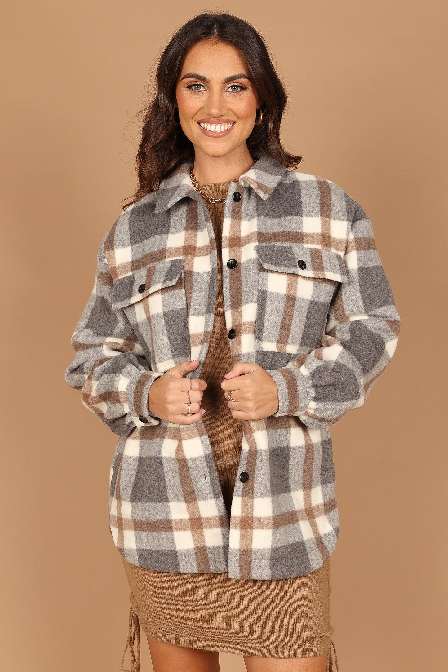 Alex Double-Breasted Pocket Shacket - Grey Check