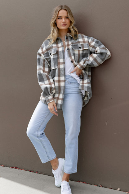 Alex Double-Breasted Pocket Shacket - Grey Check