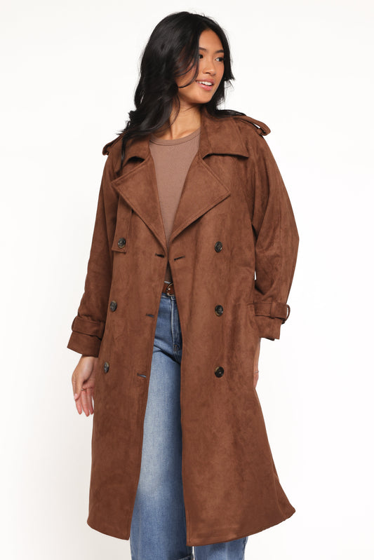 Micha Faux Suede Trench Coat - Brown
