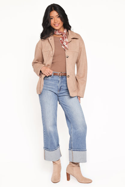 Nelly Faux Suede Cropped Trench Coat - Mushroom