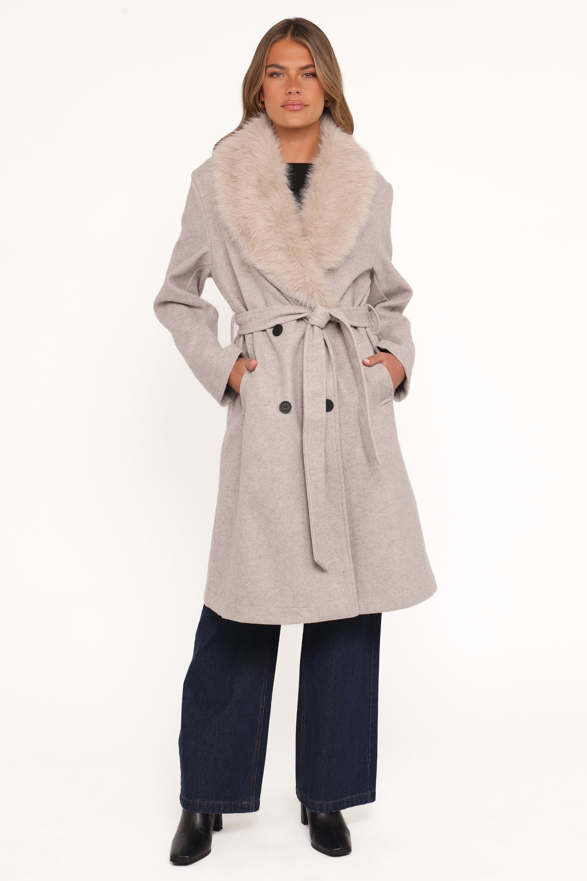 Nina Fur Collar Tie Waist Coat - Cream