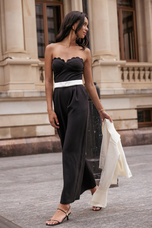 Elaria Scalloped Belted Jumpsuit - Black