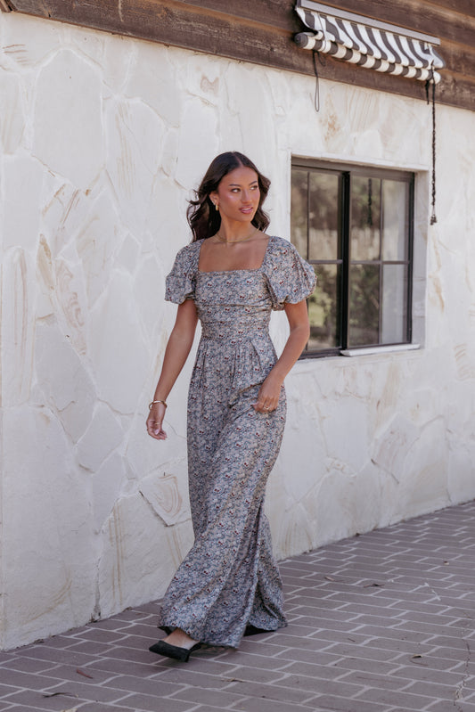 Jayda Puff Sleeve Jumpsuit - Grey Floral