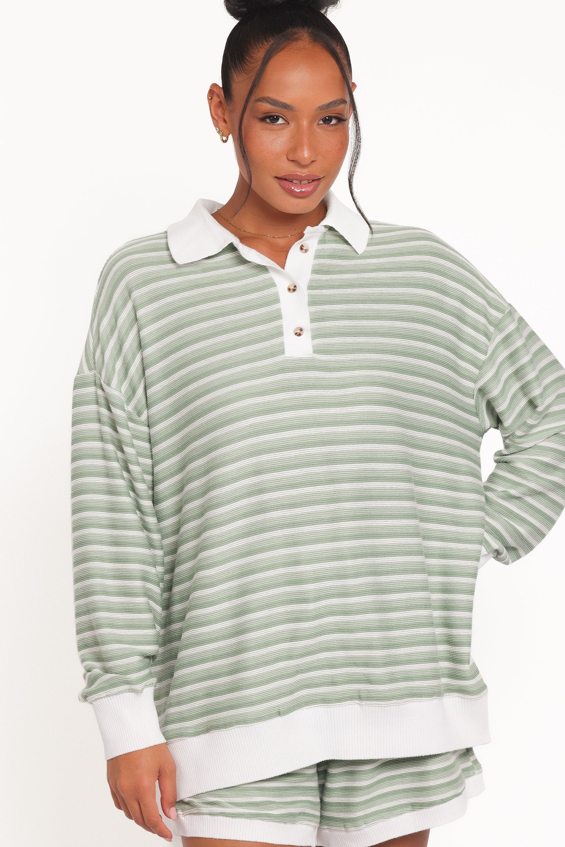 Dealia Knit Short Set - Sage Stripe