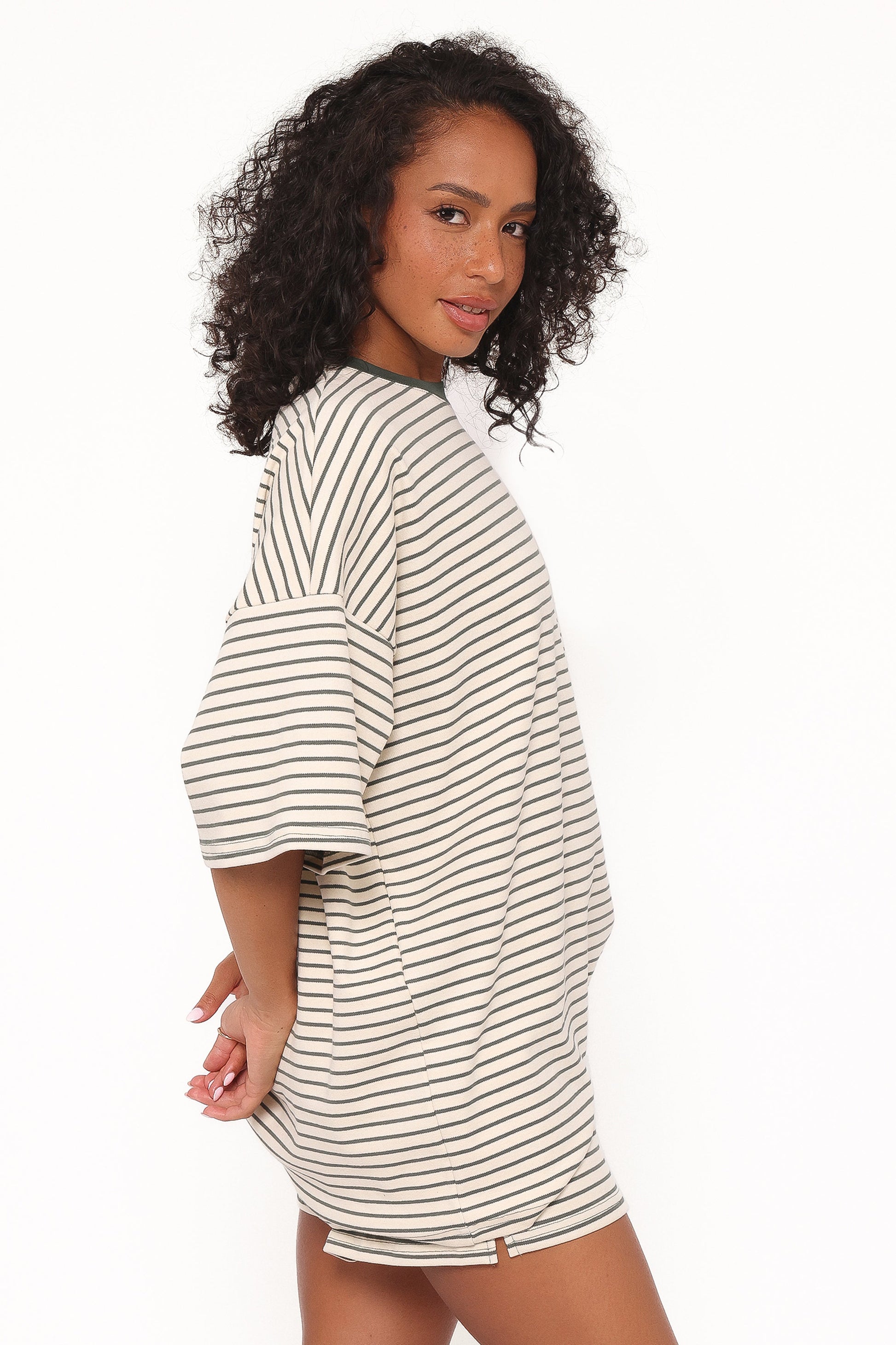 Hellen Stripe Short Set - Cream/Green Stripe