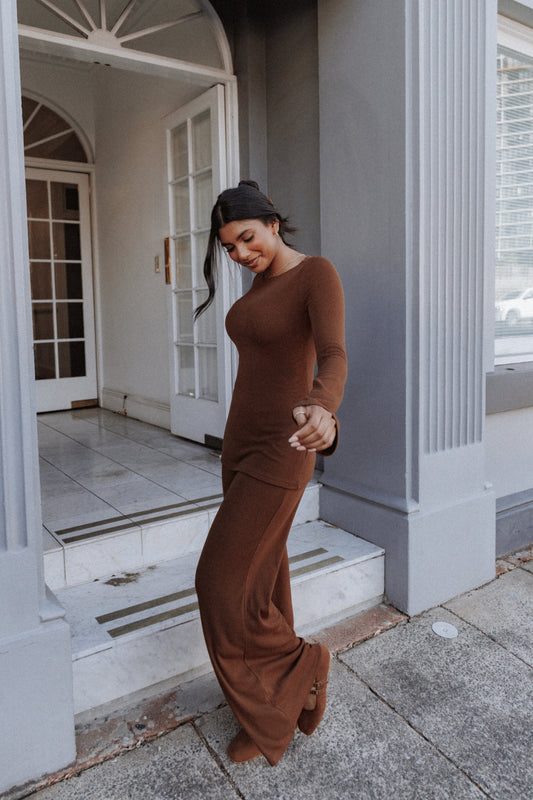 Selly Knitted Pant Set - Brown