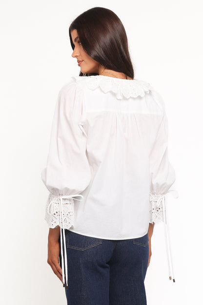 Aelwen Ruffle Blouse - White Embroidery